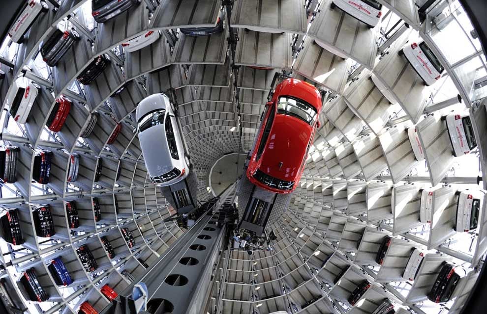The car tower at Volkswagen's Autostadt Wolfsburg is just one example of 