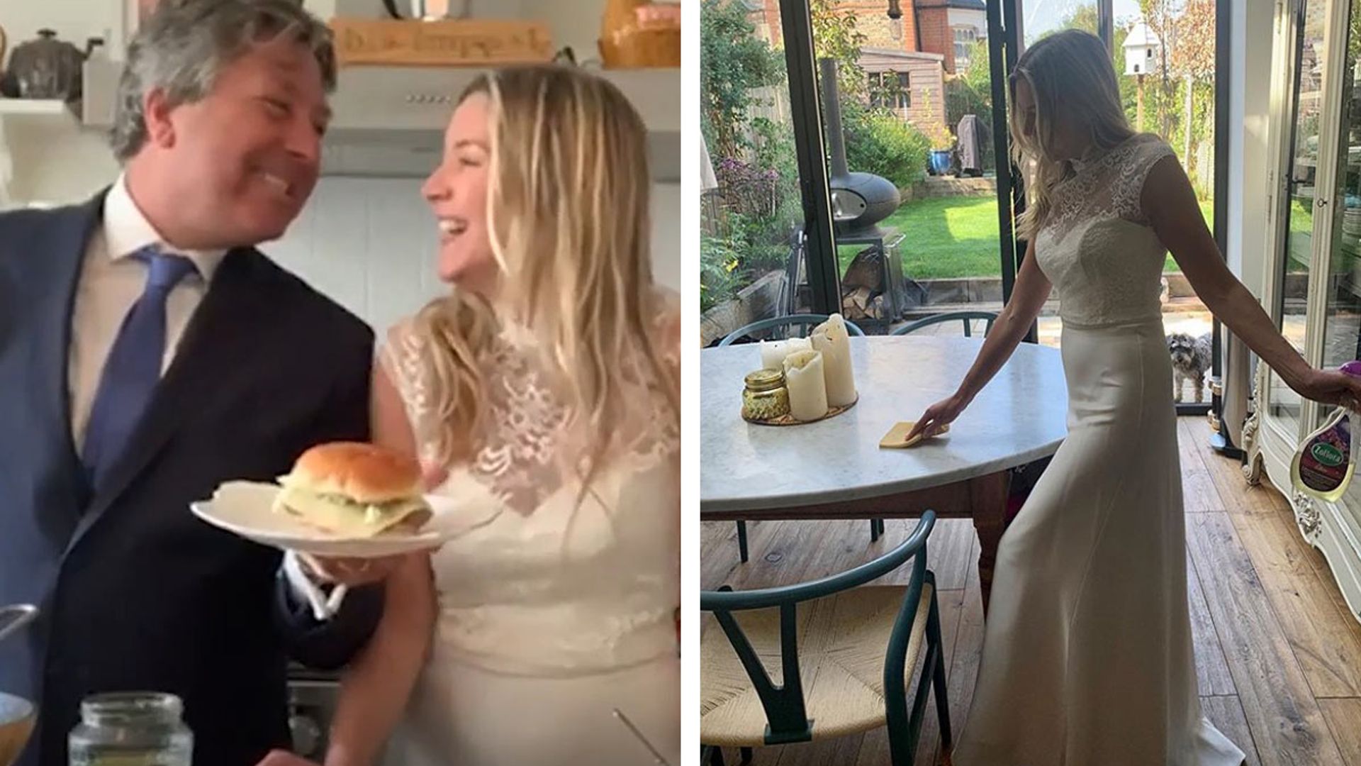 John Torode and Lisa Faulkner stun fans as they cook burgers and do housework in their wedding outfits