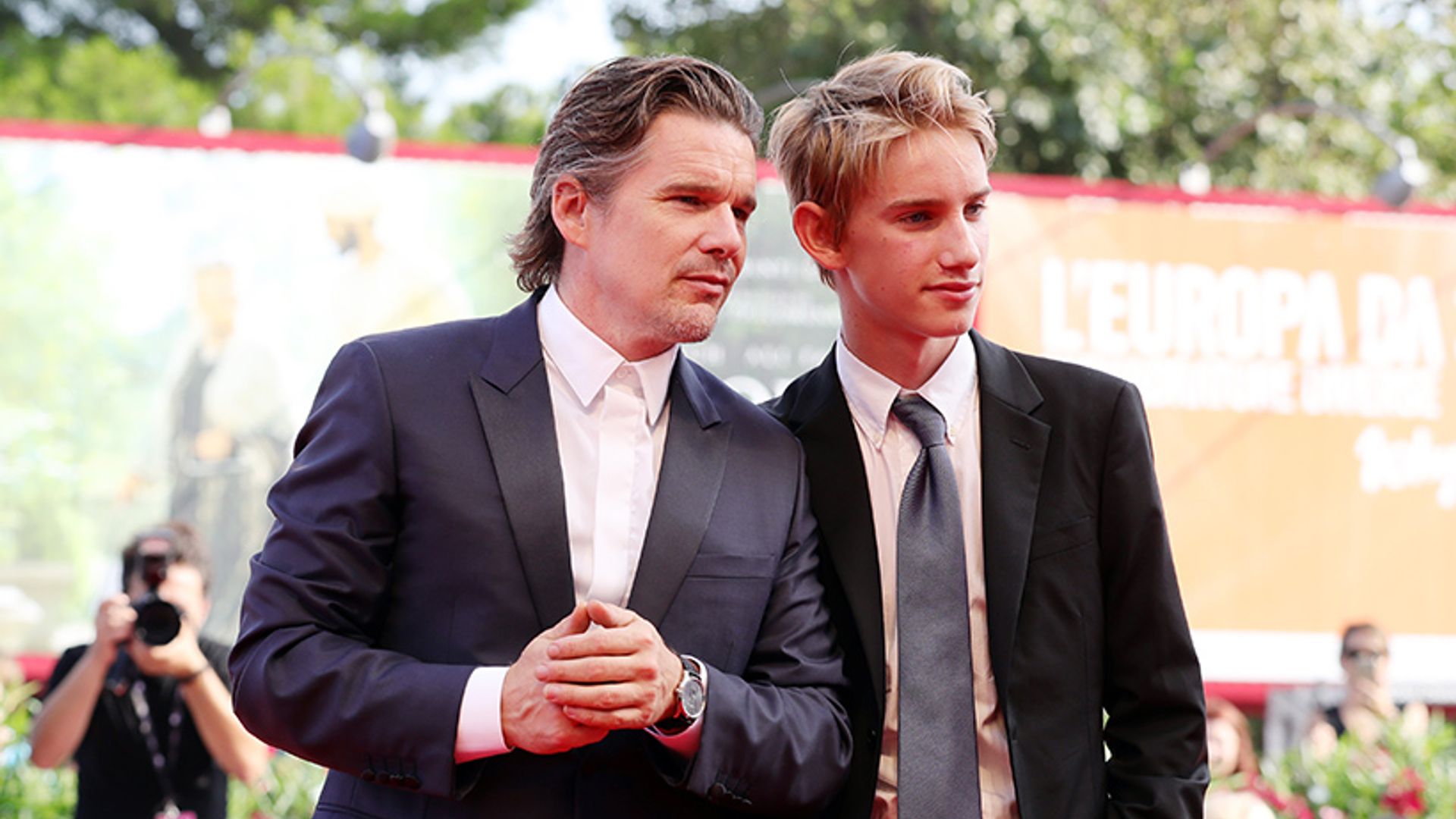 Ethan Hawke makes rare appearance with son Levon at Venice Film Festival