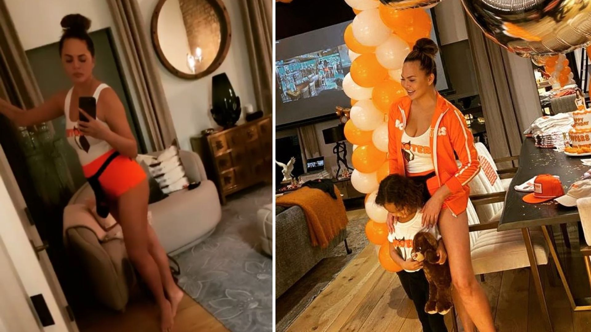 Chrissy Teigen shares amazing Hooters-themed party - and fits into old uniform