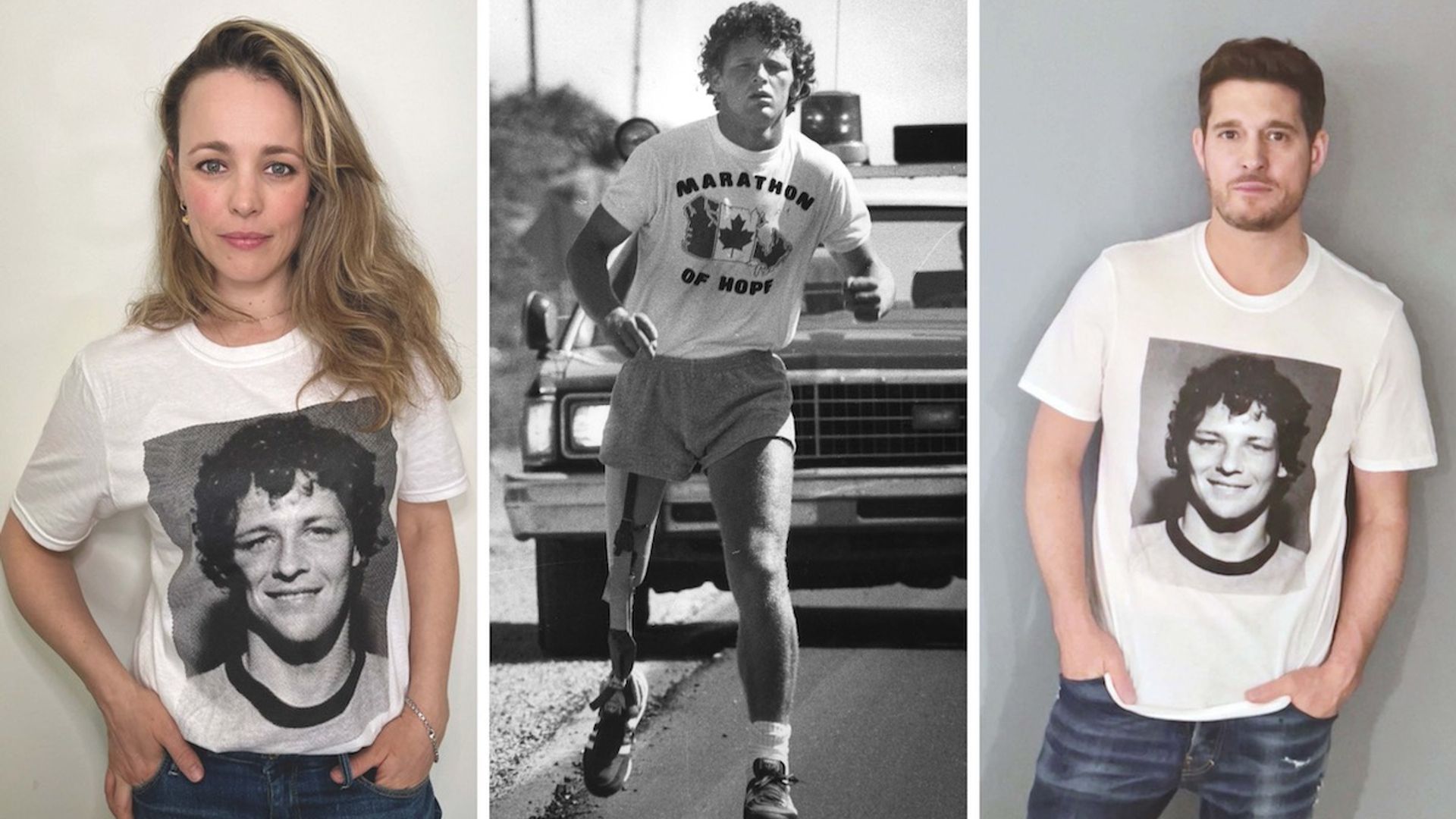 Rachel McAdams and Michael Bublé in the Terry Fox Run campaign T-shirt. Terry himself is pictured centre, running in 1980. 