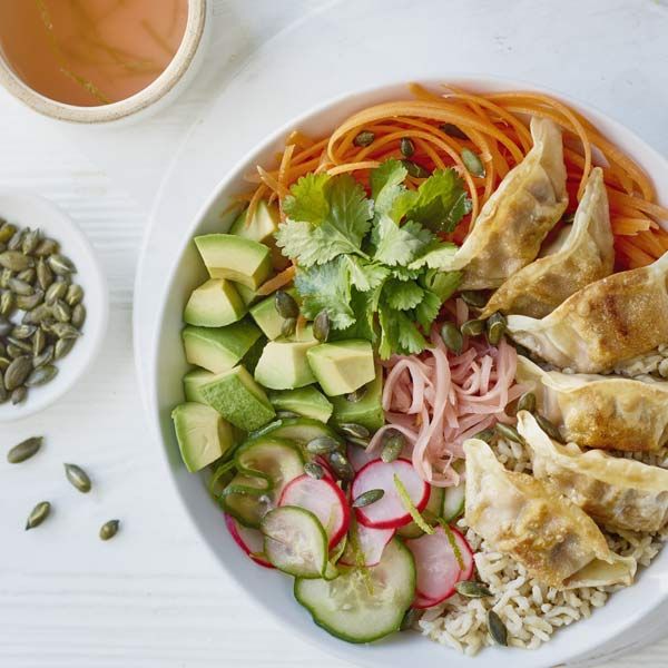 Brown-rice-Buddha-bowl-with-quick-pickled-veg-and-crispy-sesame-tuna-gyoza
