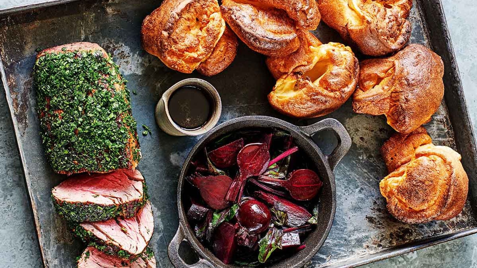 Cooking up a roast dinner this weekend? James Martin shares his herb coated beef and Yorkshire pudding recipe