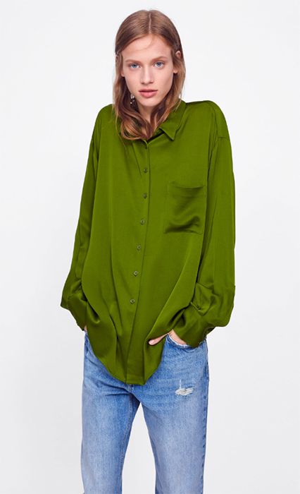 green satin blouse zara