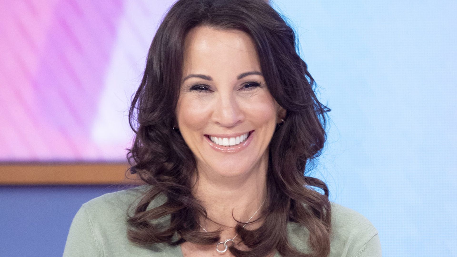 Andrea McLean's green leather skirt goes perfectly with her Zara top