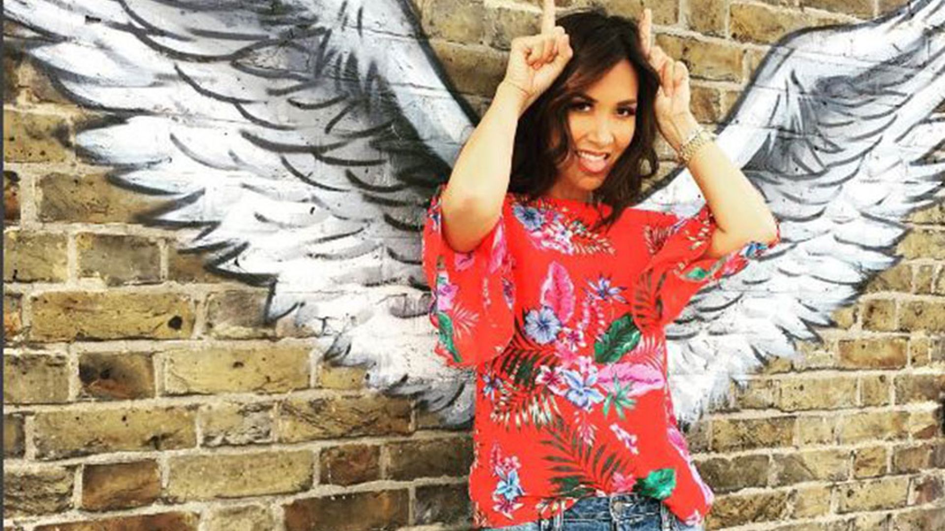 Myleene Klass models £45 tropical print blouse from her latest Littlewoods collection