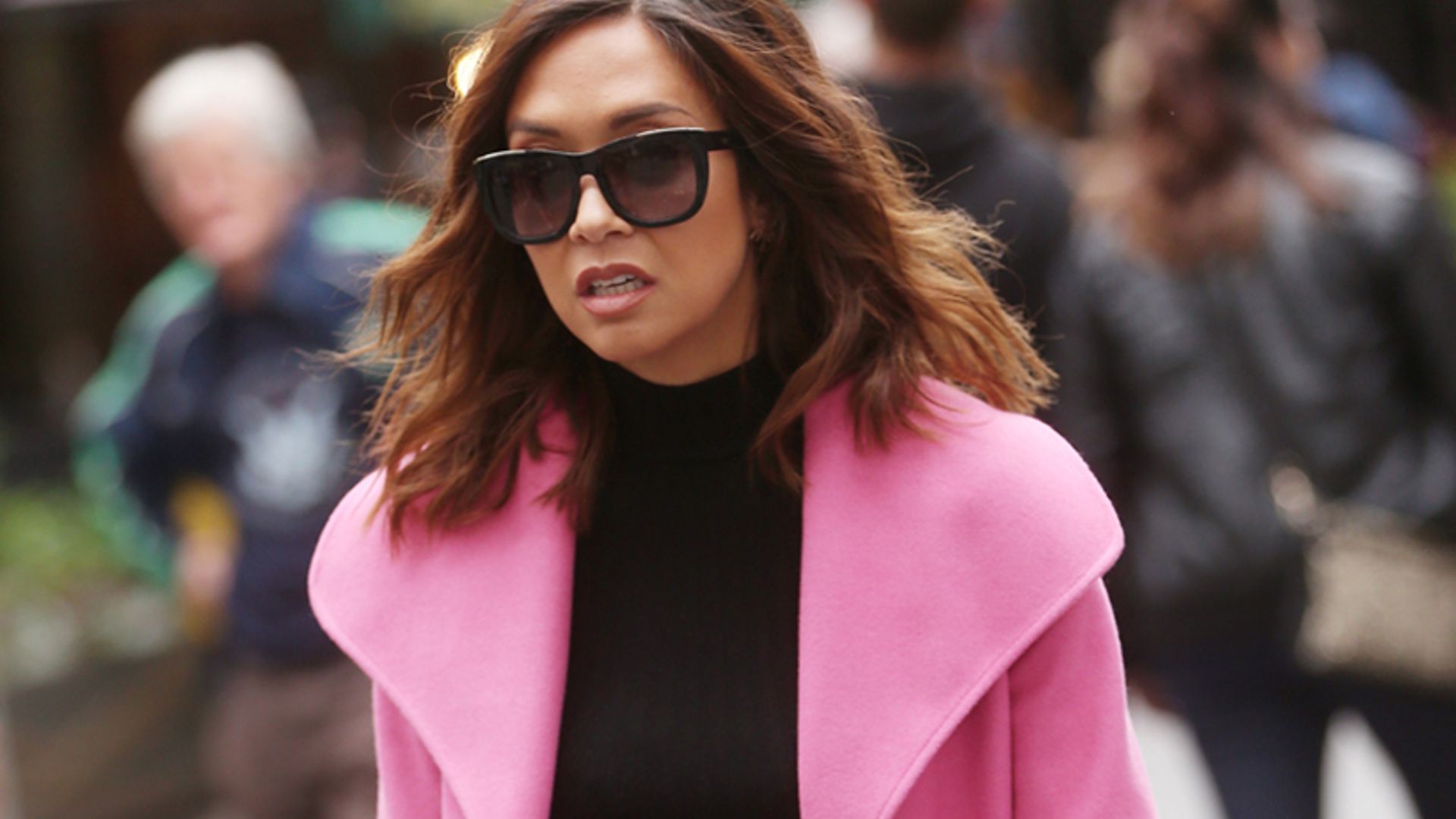 Myleene Klass wears striking pink statement coat from Very online