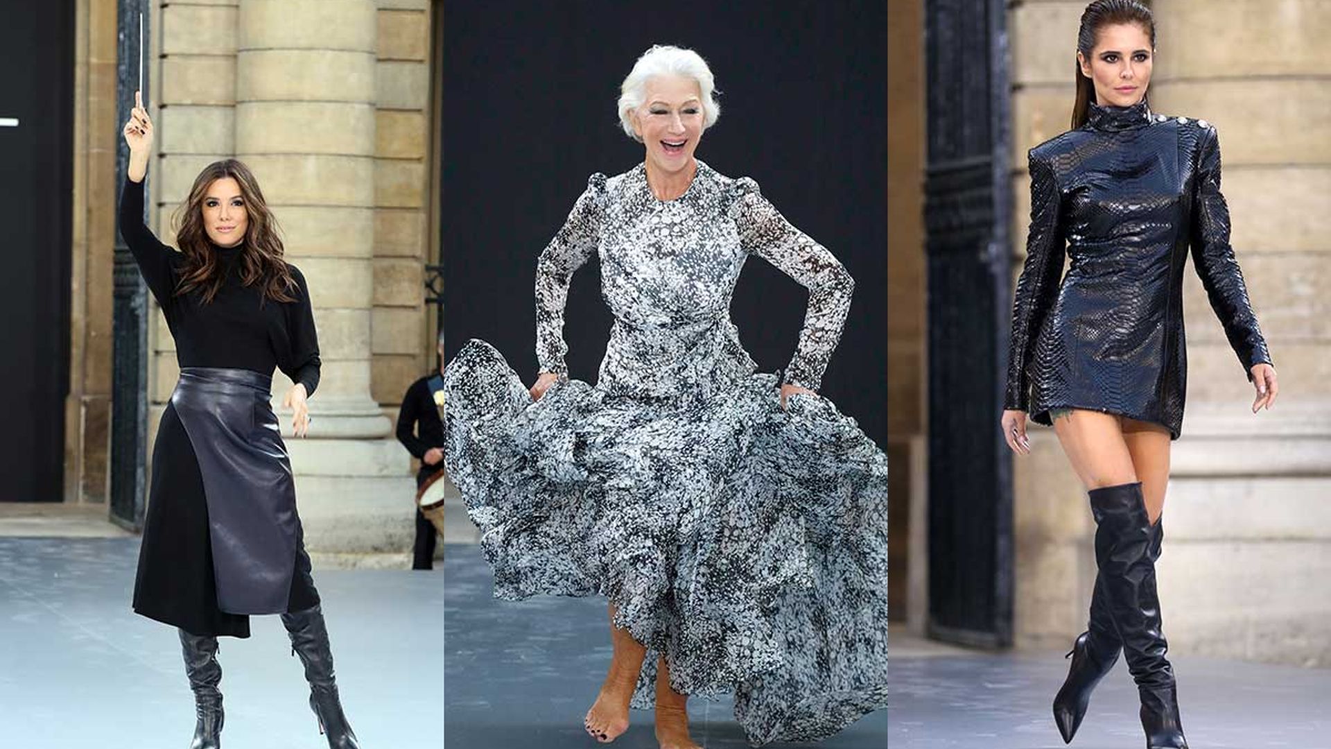 Dame Helen Mirren, 74, walks the catwalk at Paris Fashion Week alongside Cheryl and Eva Longoria