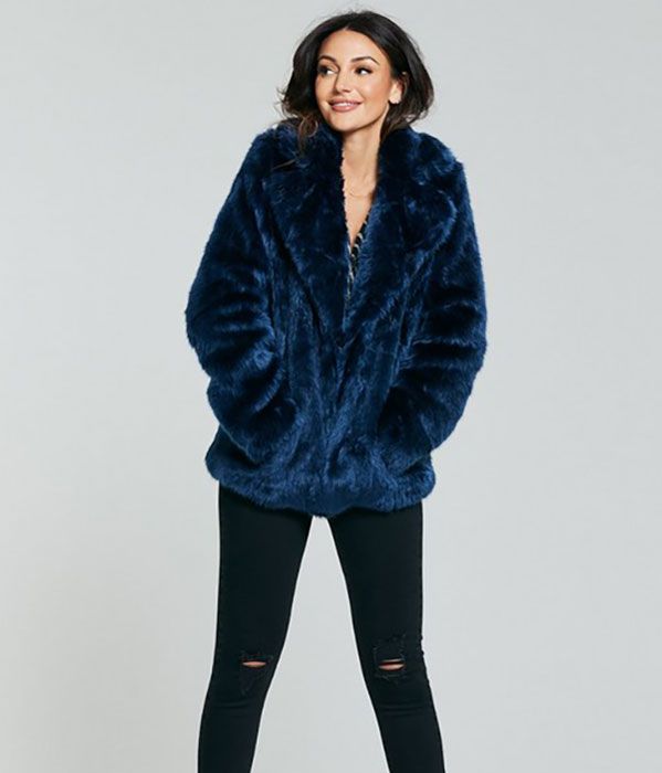 Michelle Keegan very blue faux fur jacket