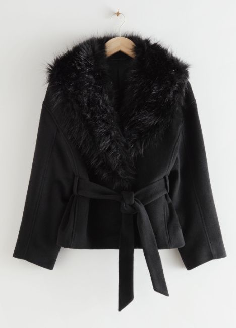 black faux fur collared coat other stories