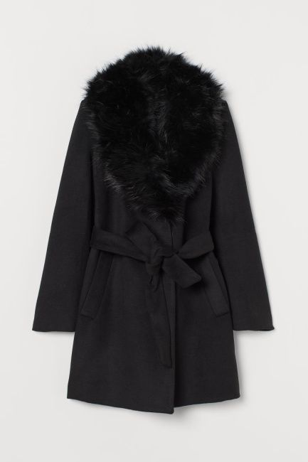 hm belted faux fur collar coat