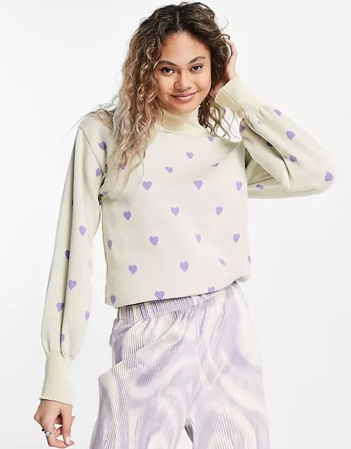 best heart print sweater turtleneck purple cream asos