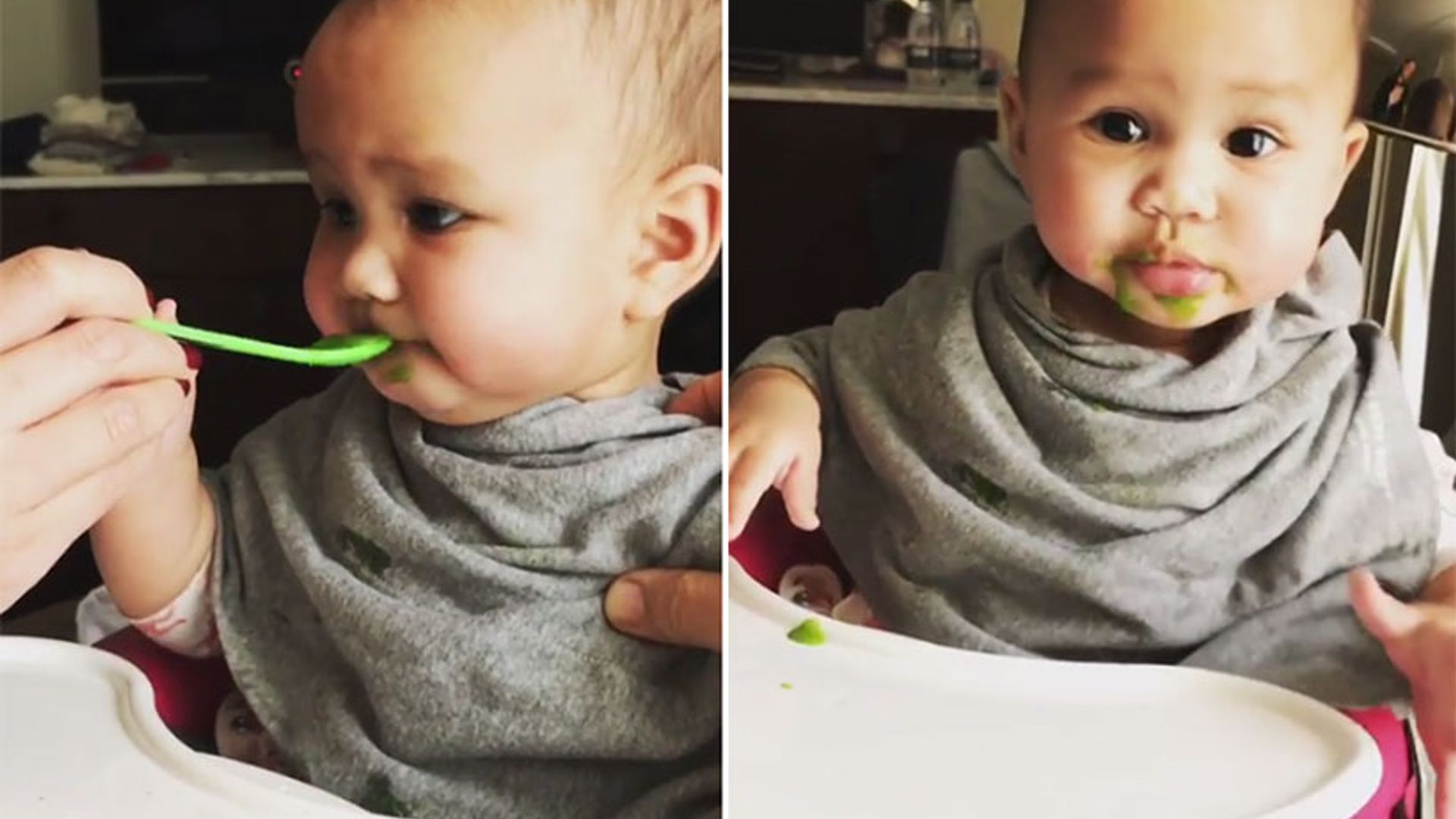 Watch the adorable moment Chrissy Teigen lets baby Luna try savoury food for the first time! 