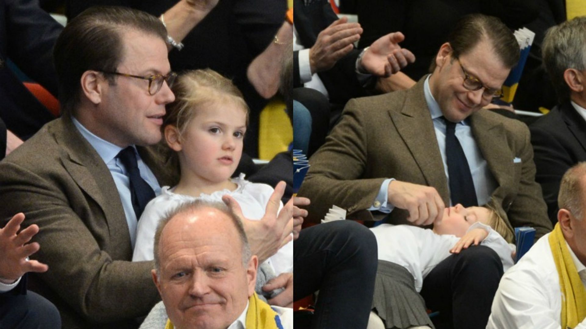 Princess Estelle couldn't help falling asleep on dad Prince Daniel's lap at evening sporting event