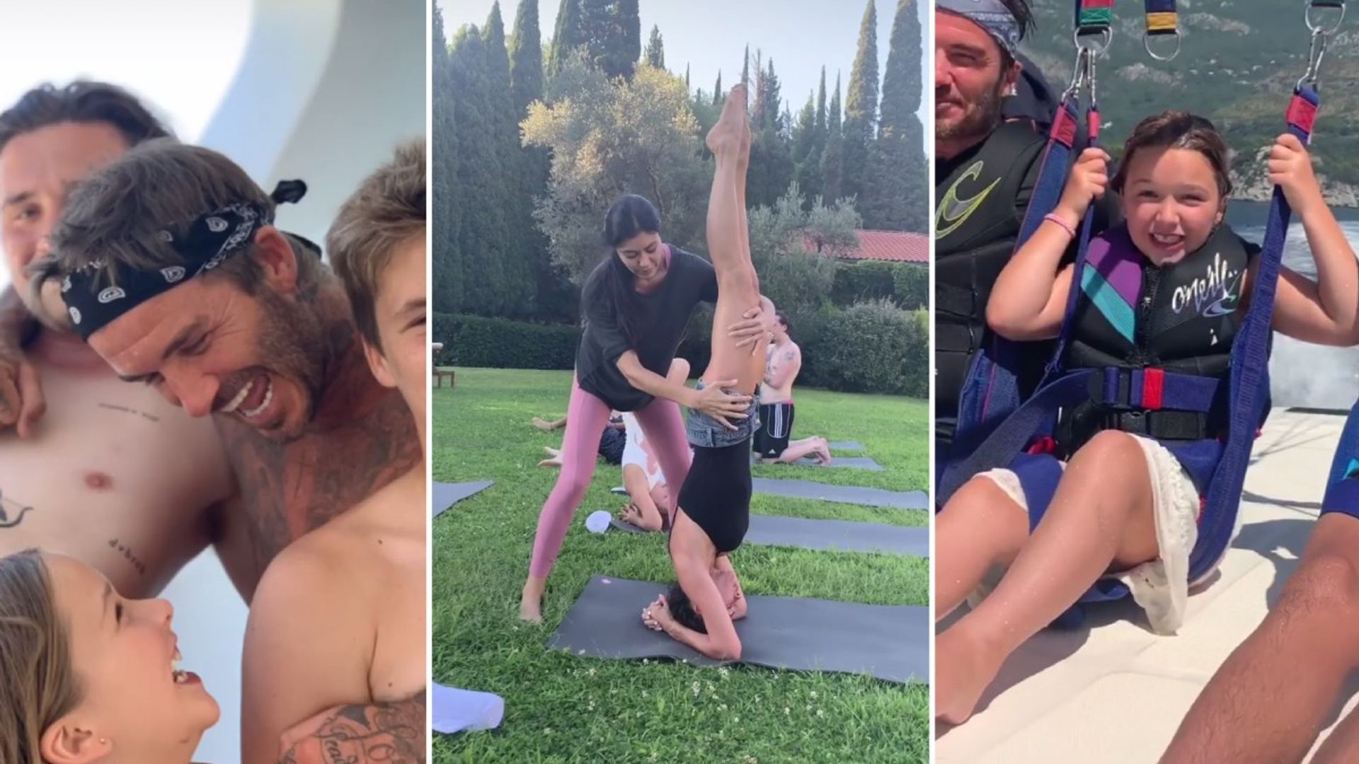 The Beckhams' activity-packed family holiday: brave Harper tries parasailing while David and Victoria compete at yoga